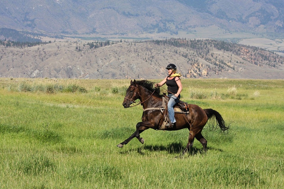 woman riding horse through ranch