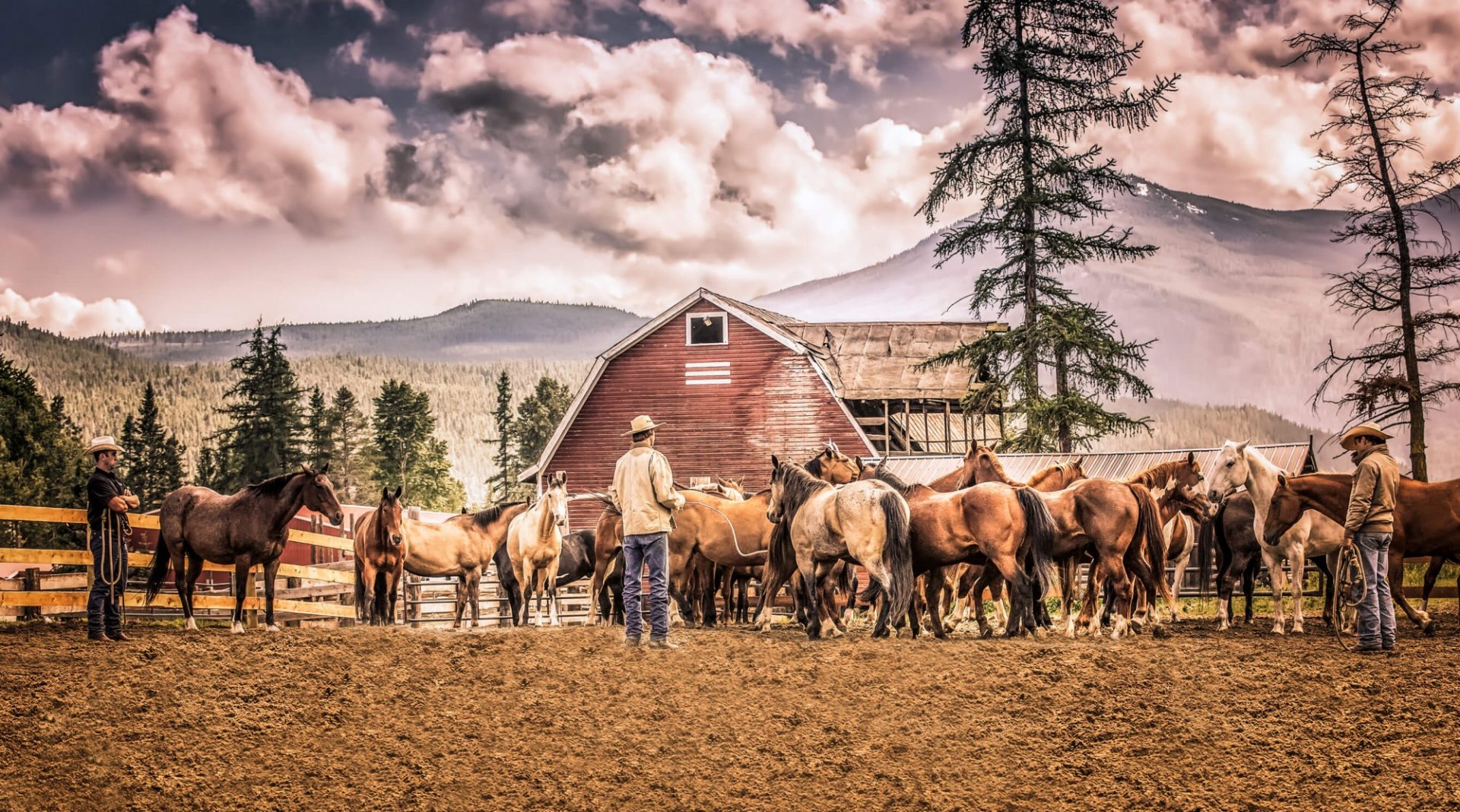 ranchers with horses with beautiful mountains as a backdrop